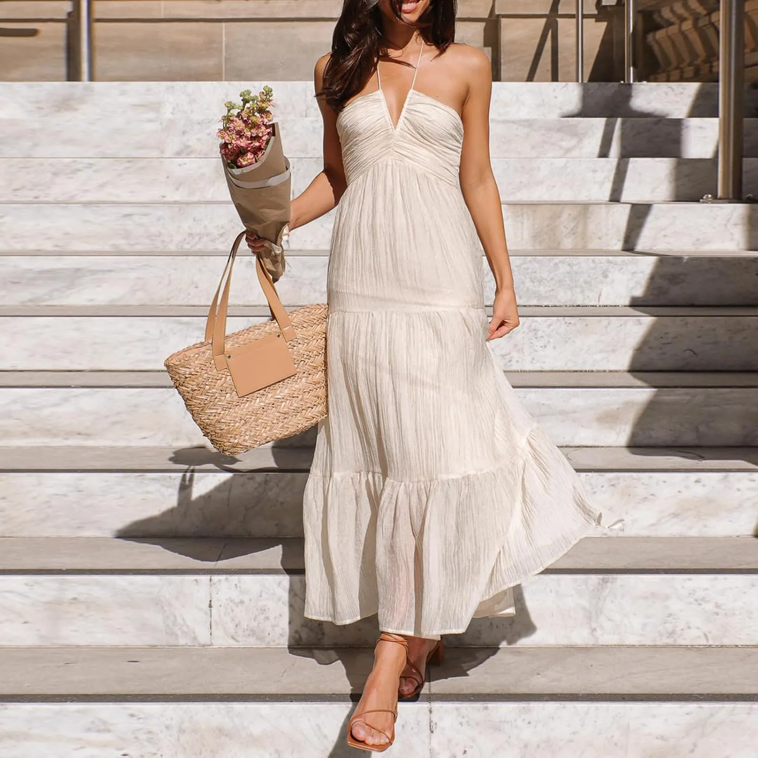 Women's Halter Neck Floral Maxi Dress 2024 Summer Boho Long Sundress Sexy Sleeveless Backless Flowy Ruffle Dress
