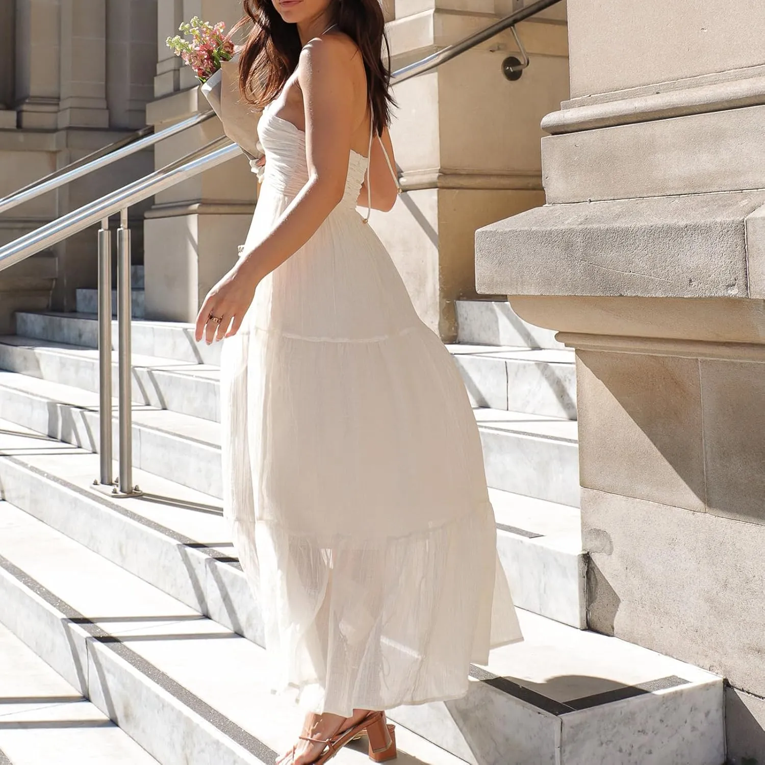 Women's Halter Neck Floral Maxi Dress 2024 Summer Boho Long Sundress Sexy Sleeveless Backless Flowy Ruffle Dress