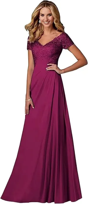 Women's Lace Applique Mother of The Bride Dresses for Women Long V Neck Mother of Bride Dress A-line Formal Prom Gown