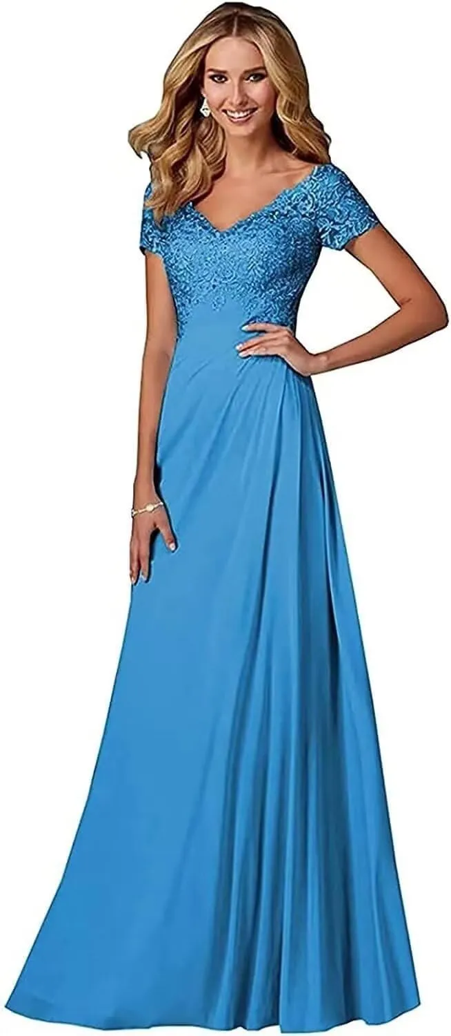 Women's Lace Applique Mother of The Bride Dresses for Women Long V Neck Mother of Bride Dress A-line Formal Prom Gown