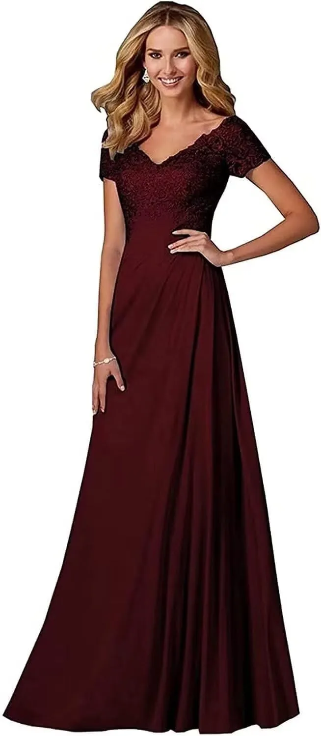 Women's Lace Applique Mother of The Bride Dresses for Women Long V Neck Mother of Bride Dress A-line Formal Prom Gown