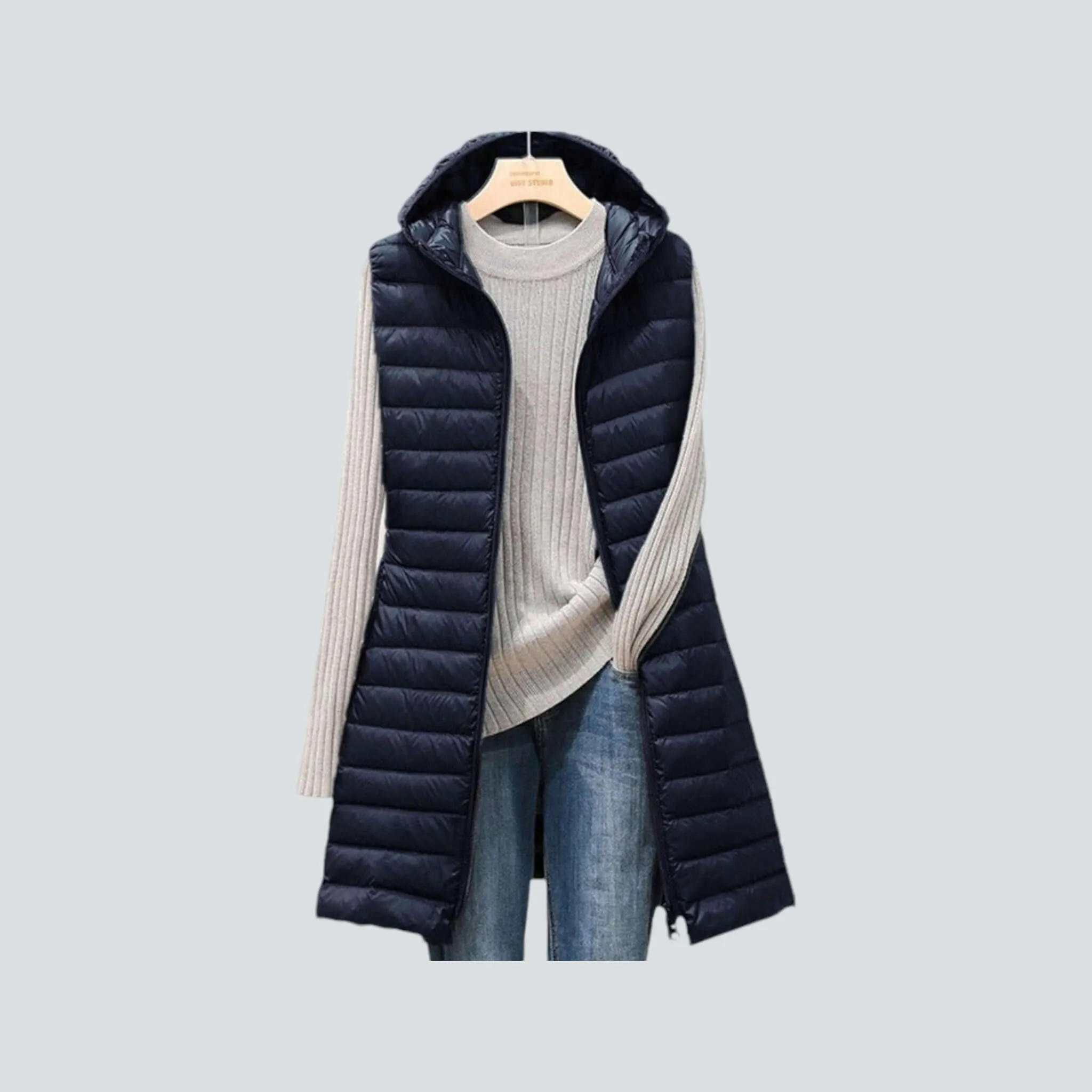 Women's Long Quilted Hooded Vest: Warm Insulated Sleeveless Jacket