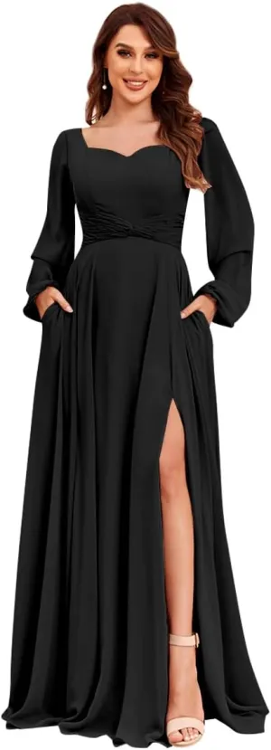 Women's Long Sleeve Bridesmaid Dresses with Pockets Split Pleated Chiffon Formal Evening Party Gown
