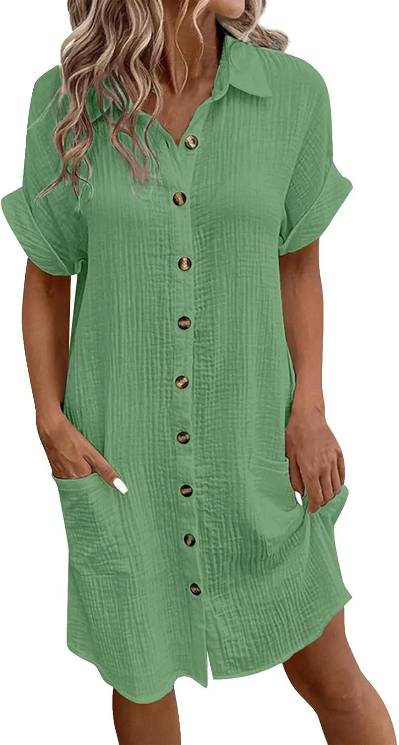 Women's Maxi Dress 2025 Summer Casual Loose Trendy V-Neck Short Sleeve Solid Linen Button Shirt Dresses, S-2XL