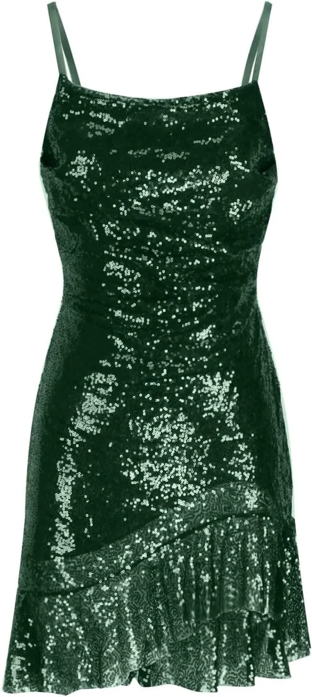 Women's Mini Prom Dresses Glitter Sparkly Ruffle Hem A-Line Swing Ruched Dress Halter Sleeveless Cocktail Party Dress