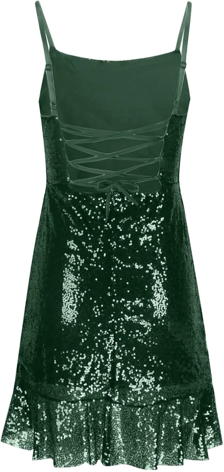 Women's Mini Prom Dresses Glitter Sparkly Ruffle Hem A-Line Swing Ruched Dress Halter Sleeveless Cocktail Party Dress