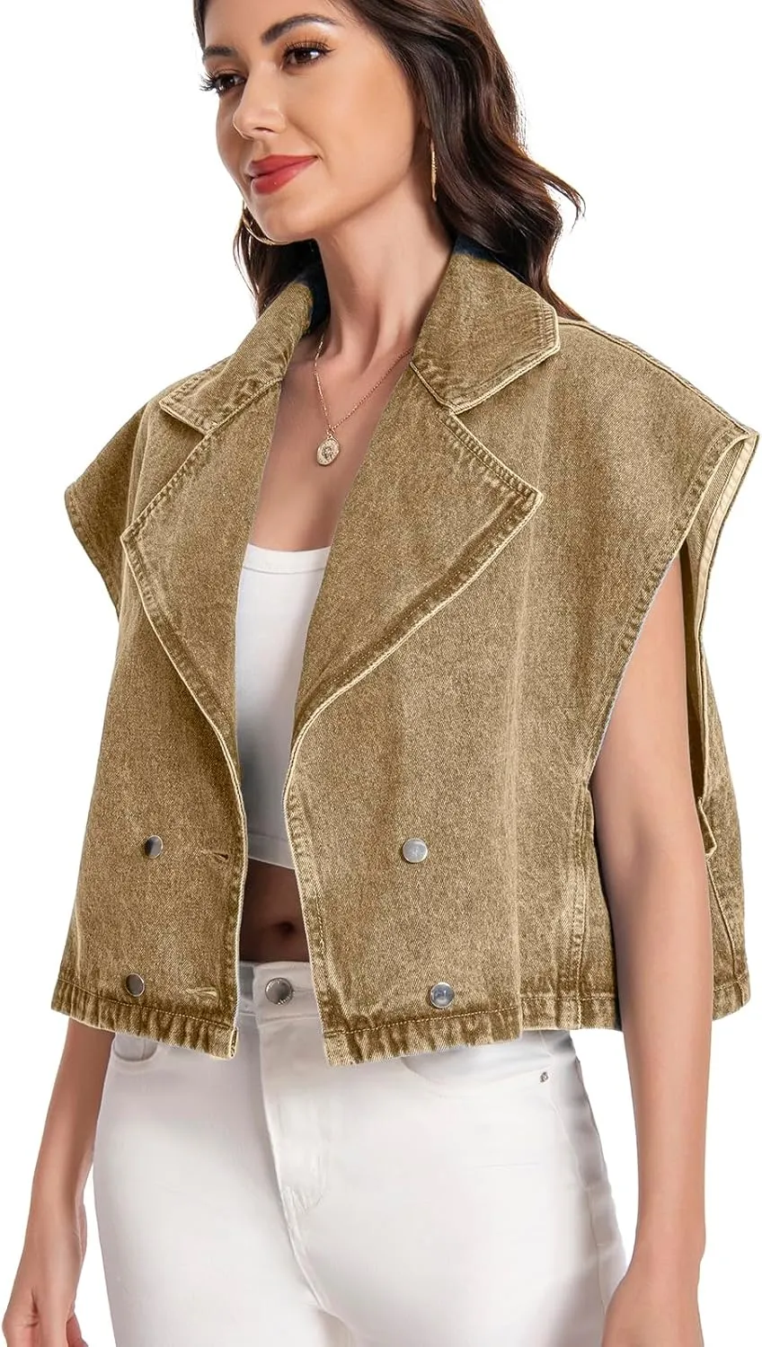 Women's Oversized Denim Vest Jean Cropped Casual Lightweight Jacket,Perfect for Spring Summer Outfits