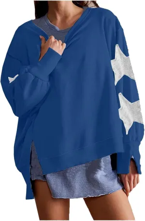 Womens Oversized Sweatshirts Y2k Star Striped Long Sleeve Crewneck Pullover Side Slit Sweatshirt for Teen Girls