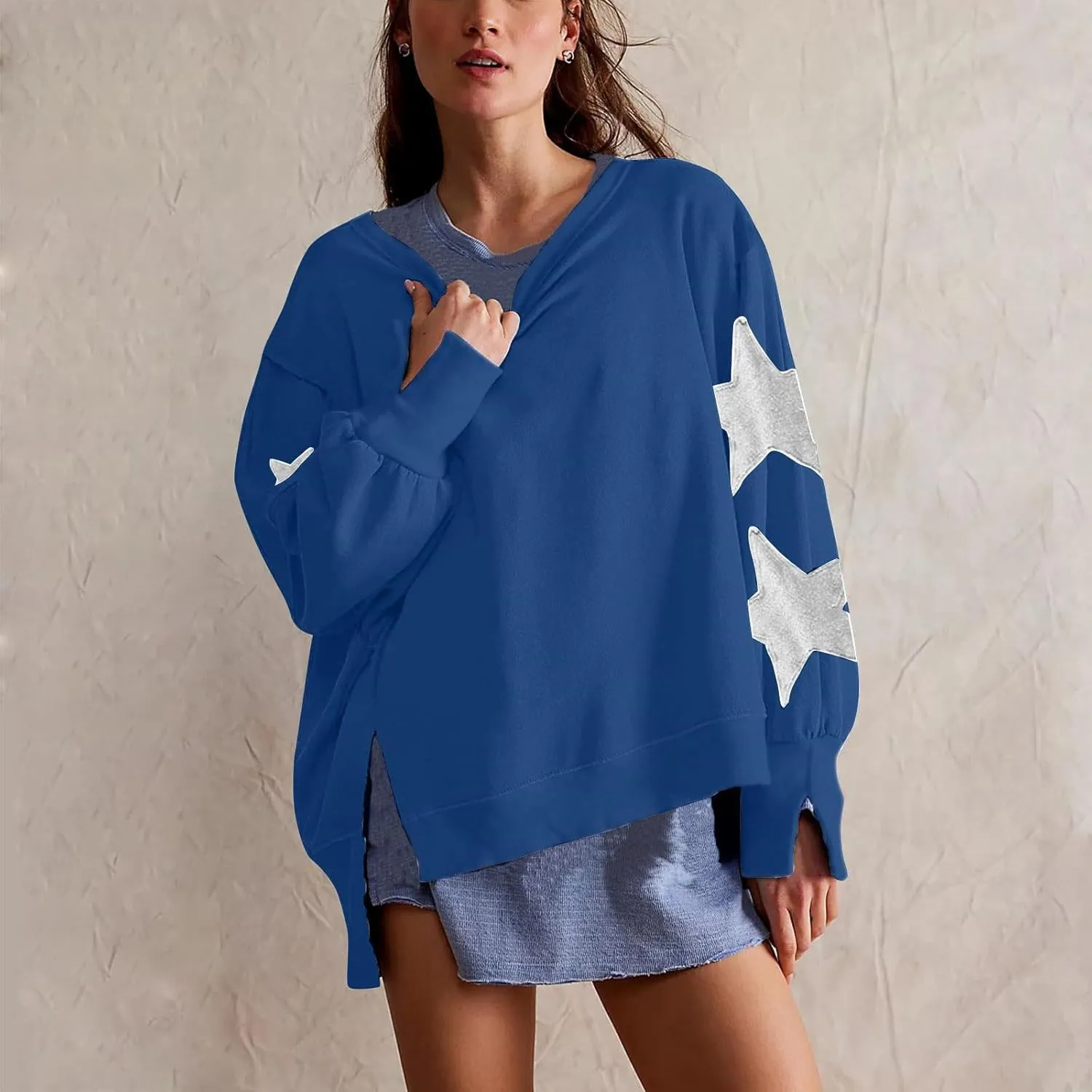 Womens Oversized Sweatshirts Y2k Star Striped Long Sleeve Crewneck Pullover Side Slit Sweatshirt for Teen Girls