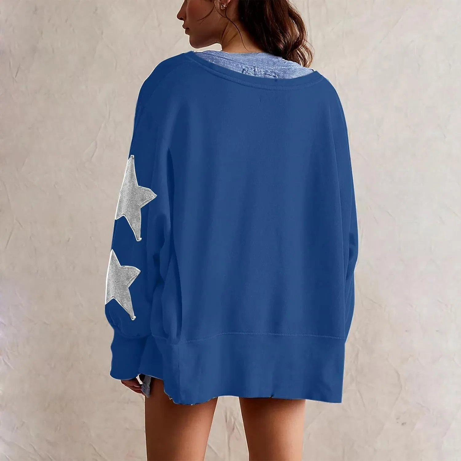 Womens Oversized Sweatshirts Y2k Star Striped Long Sleeve Crewneck Pullover Side Slit Sweatshirt for Teen Girls