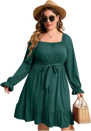 Women's Plus Size Square Neck Puff Sleeve Midi Dress with Belt - Burgundy