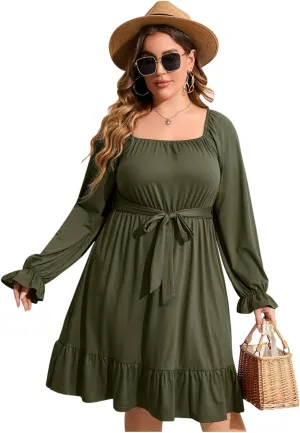 Women's Plus Size Square Neck Puff Sleeve Midi Dress with Belt - Burgundy
