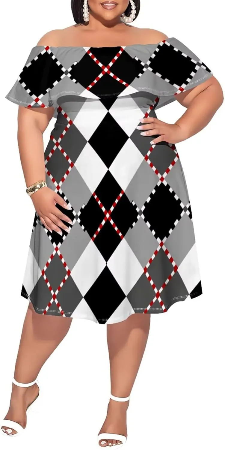 Women's Plus Size Summer Dresses Sexy Casual Plaid Off The Shoulder Short Sleeve Ruffle A Line Midi DressXL-6XL