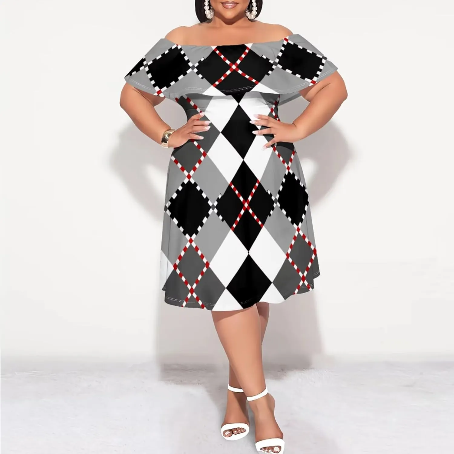 Women's Plus Size Summer Dresses Sexy Casual Plaid Off The Shoulder Short Sleeve Ruffle A Line Midi DressXL-6XL