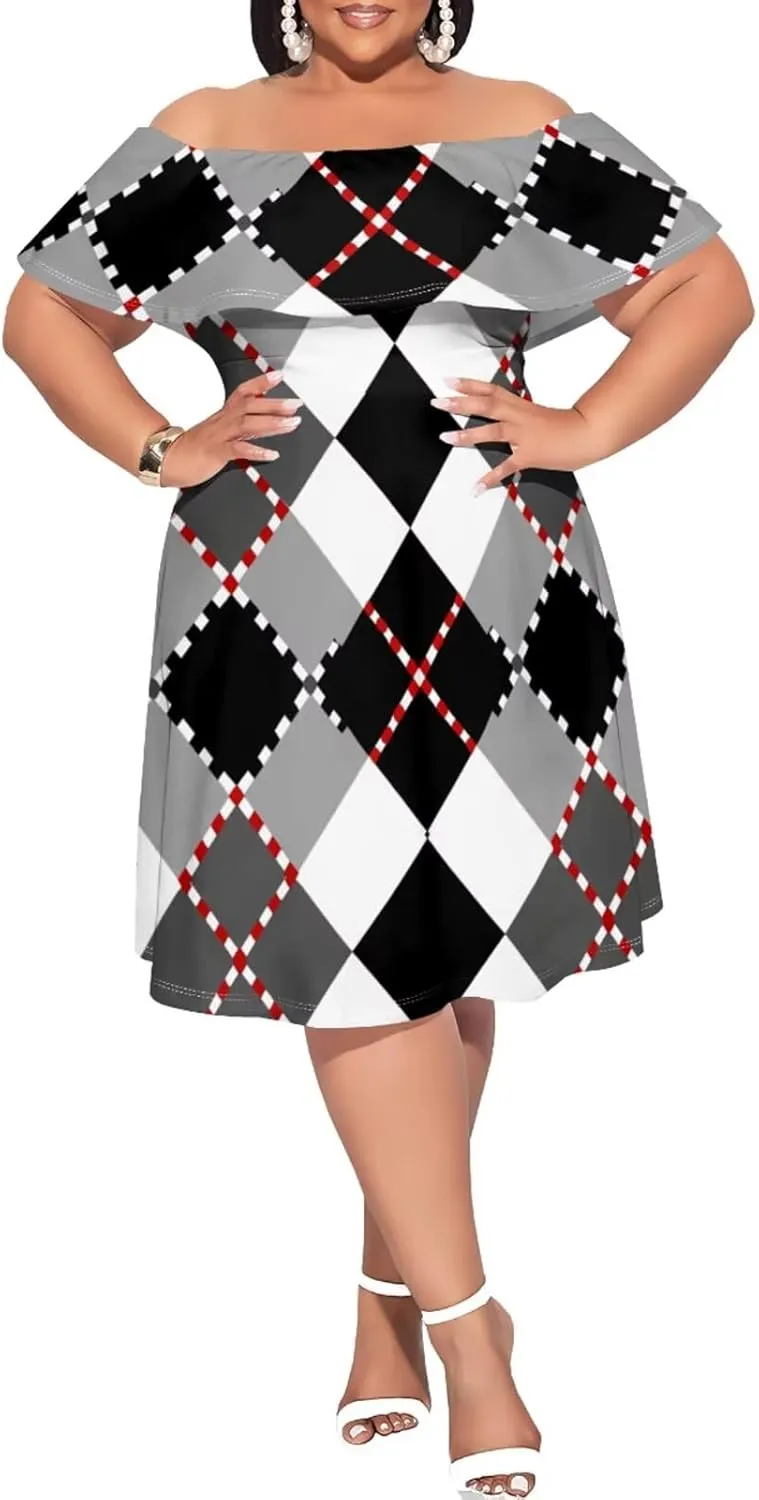 Women's Plus Size Summer Dresses Sexy Casual Plaid Off The Shoulder Short Sleeve Ruffle A Line Midi DressXL-6XL