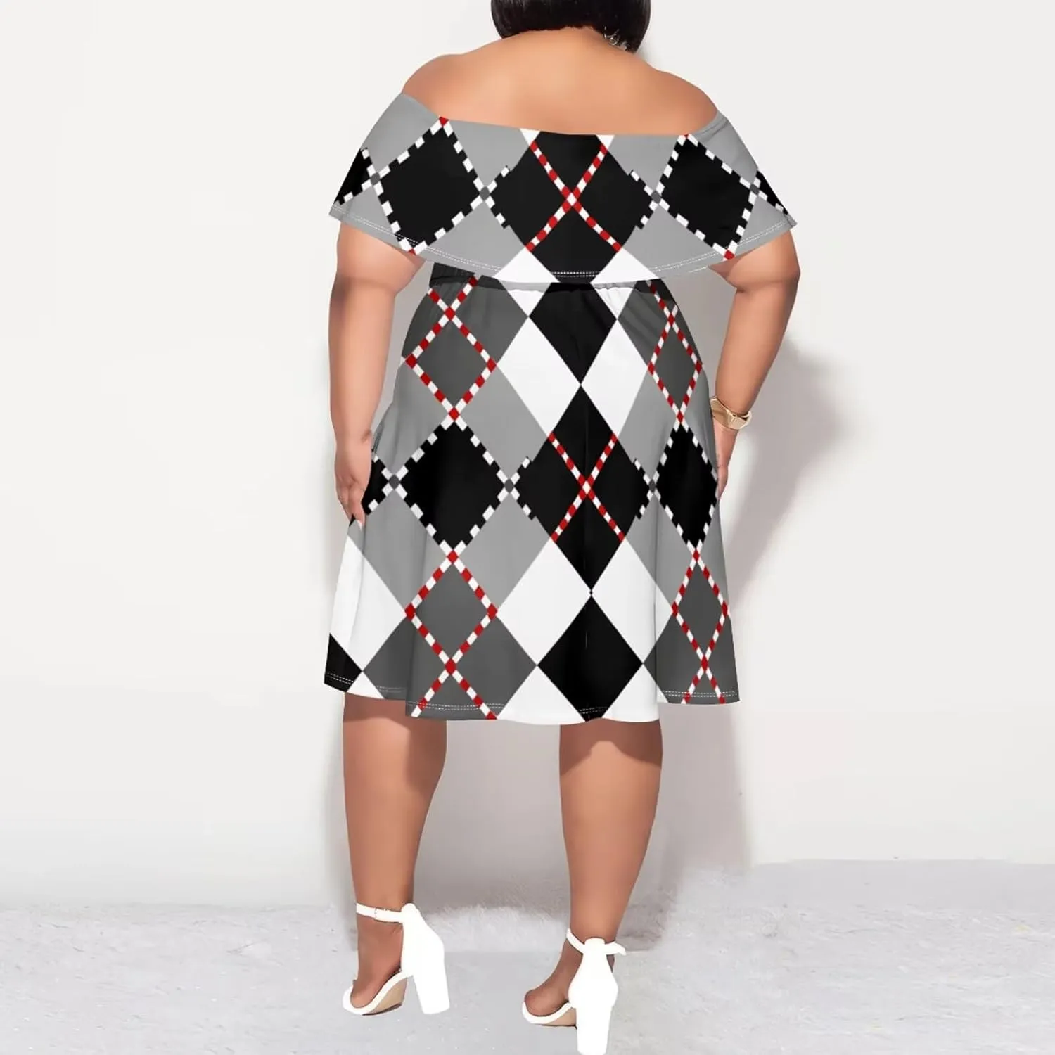Women's Plus Size Summer Dresses Sexy Casual Plaid Off The Shoulder Short Sleeve Ruffle A Line Midi DressXL-6XL