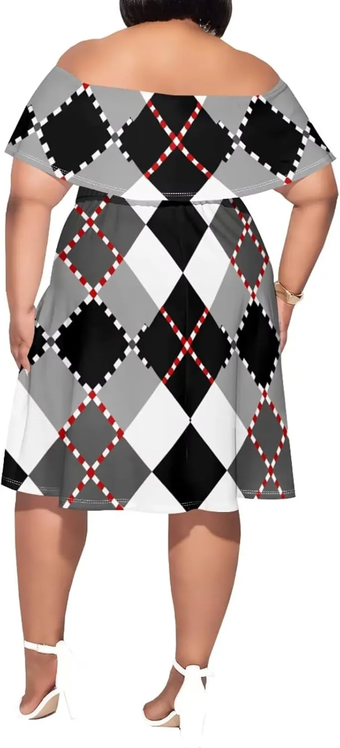 Women's Plus Size Summer Dresses Sexy Casual Plaid Off The Shoulder Short Sleeve Ruffle A Line Midi DressXL-6XL