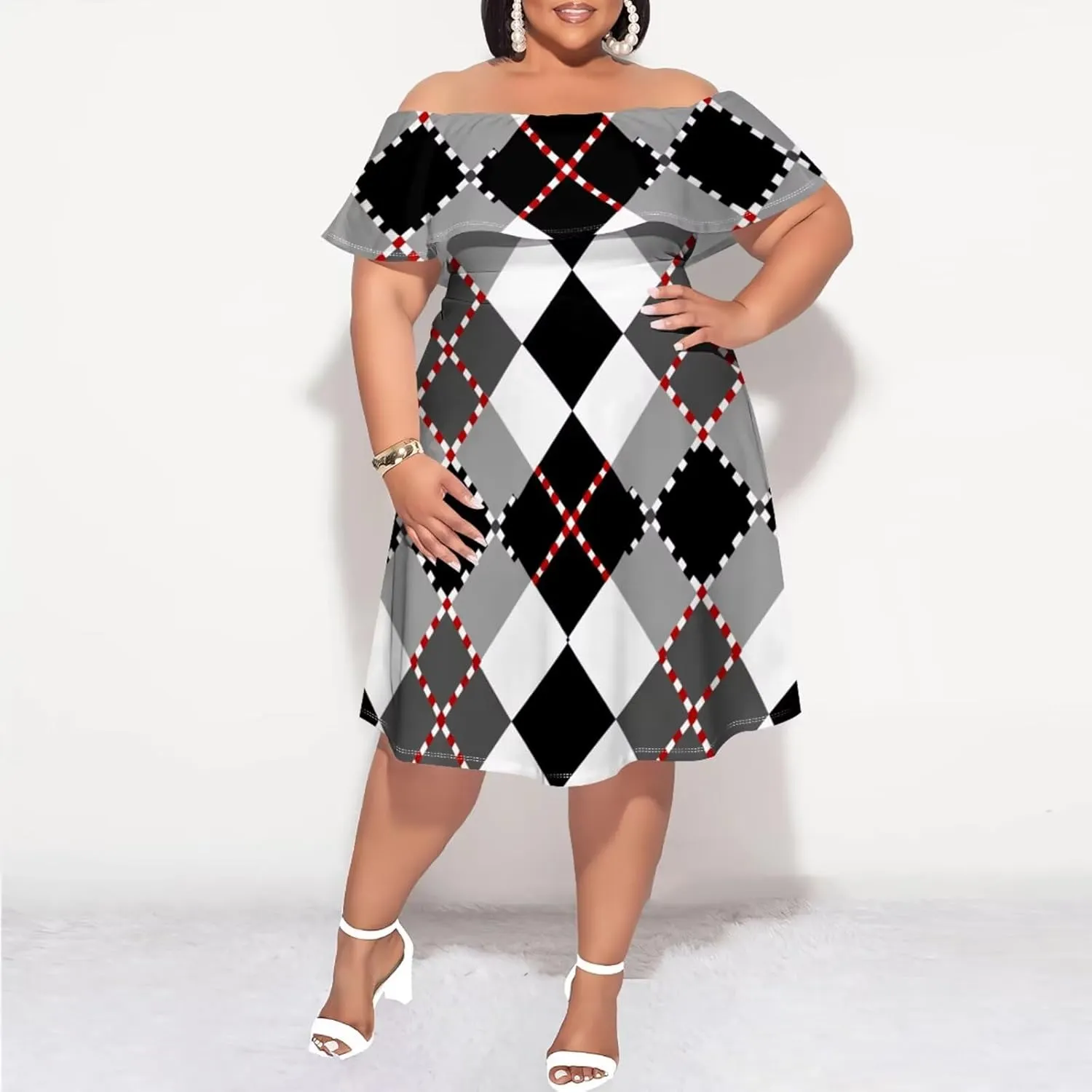 Women's Plus Size Summer Dresses Sexy Casual Plaid Off The Shoulder Short Sleeve Ruffle A Line Midi DressXL-6XL