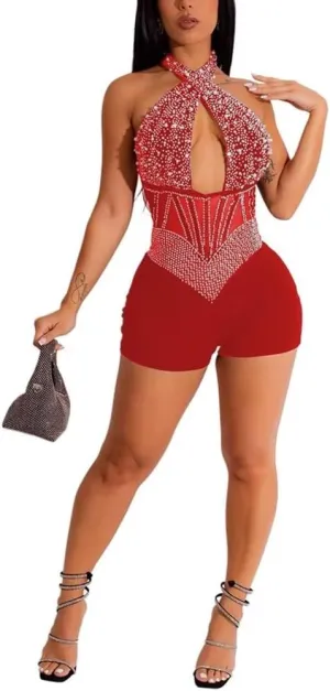 Women's Sexy Club Bodycon Cut Out Halter Backless Short Jumpsuits,Rhinestone Hot Drilling Process Party Romper