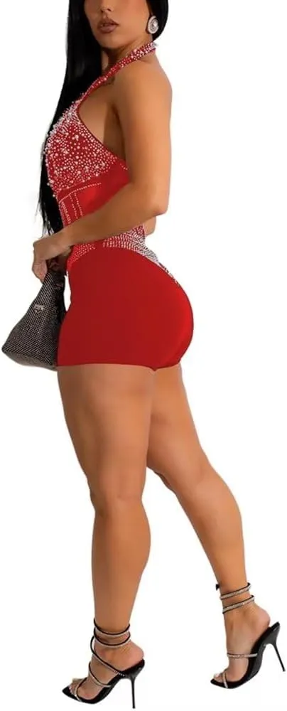 Women's Sexy Club Bodycon Cut Out Halter Backless Short Jumpsuits,Rhinestone Hot Drilling Process Party Romper