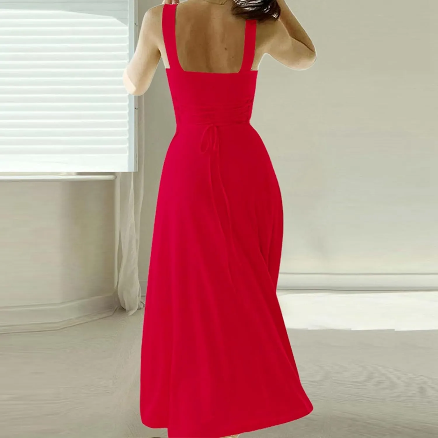 Womens Sleeveless V Neck Dress with Pocket Summer Beach Midi Flared Tank Dress Flowy Long Dress Beach Swing Party Maxi Dress