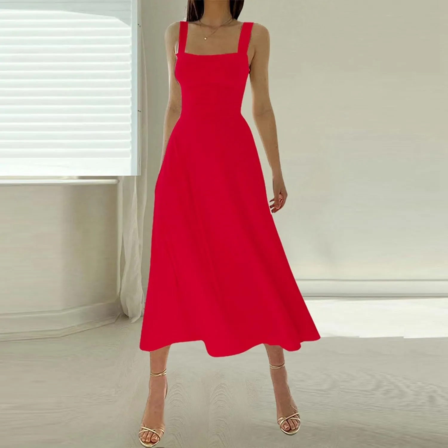 Womens Sleeveless V Neck Dress with Pocket Summer Beach Midi Flared Tank Dress Flowy Long Dress Beach Swing Party Maxi Dress