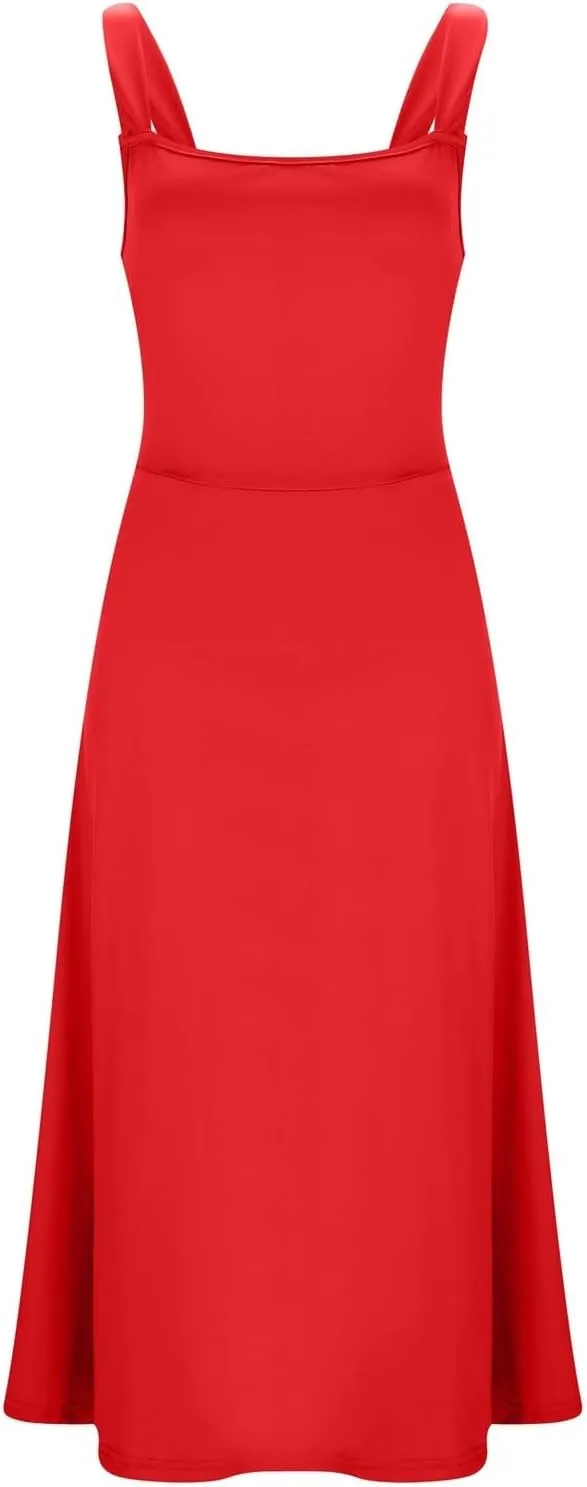 Womens Sleeveless V Neck Dress with Pocket Summer Beach Midi Flared Tank Dress Flowy Long Dress Beach Swing Party Maxi Dress