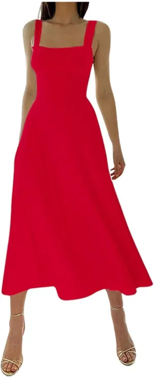 Womens Sleeveless V Neck Dress with Pocket Summer Beach Midi Flared Tank Dress Flowy Long Dress Beach Swing Party Maxi Dress