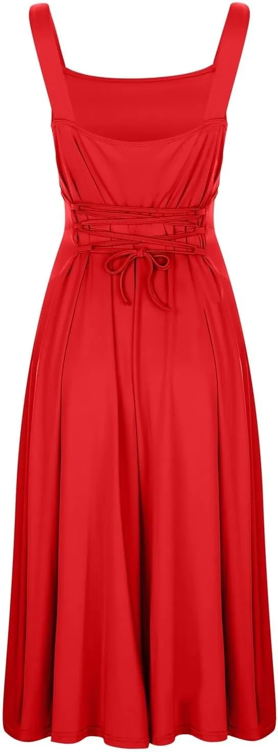 Womens Sleeveless V Neck Dress with Pocket Summer Beach Midi Flared Tank Dress Flowy Long Dress Beach Swing Party Maxi Dress