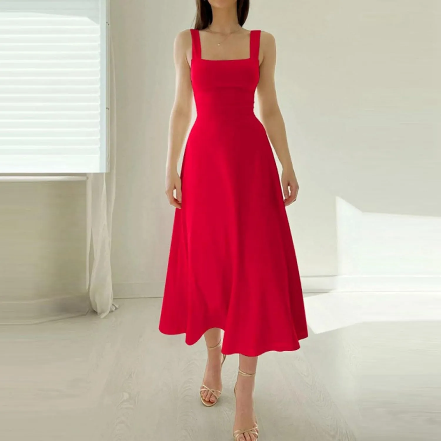 Womens Sleeveless V Neck Dress with Pocket Summer Beach Midi Flared Tank Dress Flowy Long Dress Beach Swing Party Maxi Dress