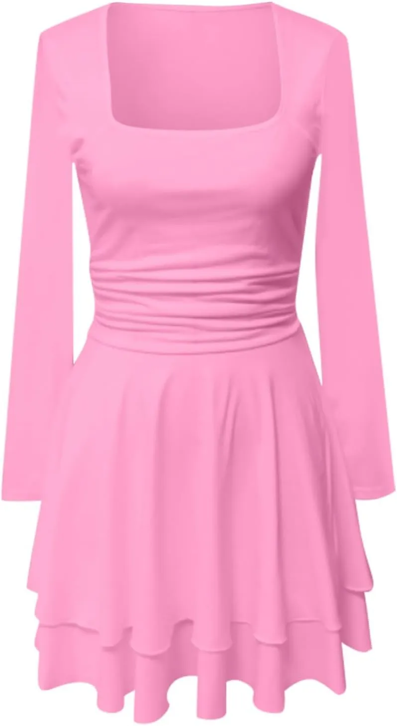 Women's Square Neck Ruffle Hem Mini Dress Long Sleeve Ruched Waist Corset Short Party Dresses Cocktail Short Dress