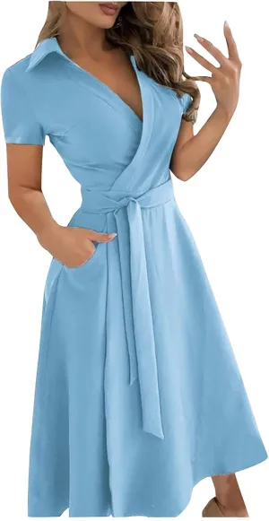 Women's Summer Dresses 2024 Color Loose Swing Lapel Short Sleeve Dresses Evening Prom Cocktail Gown Dresses, S-2XL