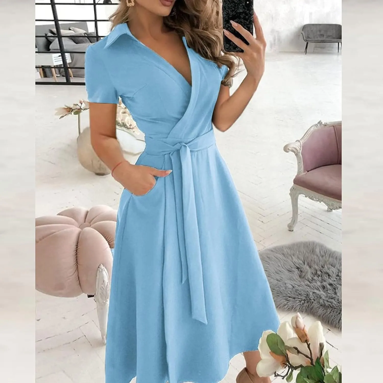 Women's Summer Dresses 2024 Color Loose Swing Lapel Short Sleeve Dresses Evening Prom Cocktail Gown Dresses, S-2XL