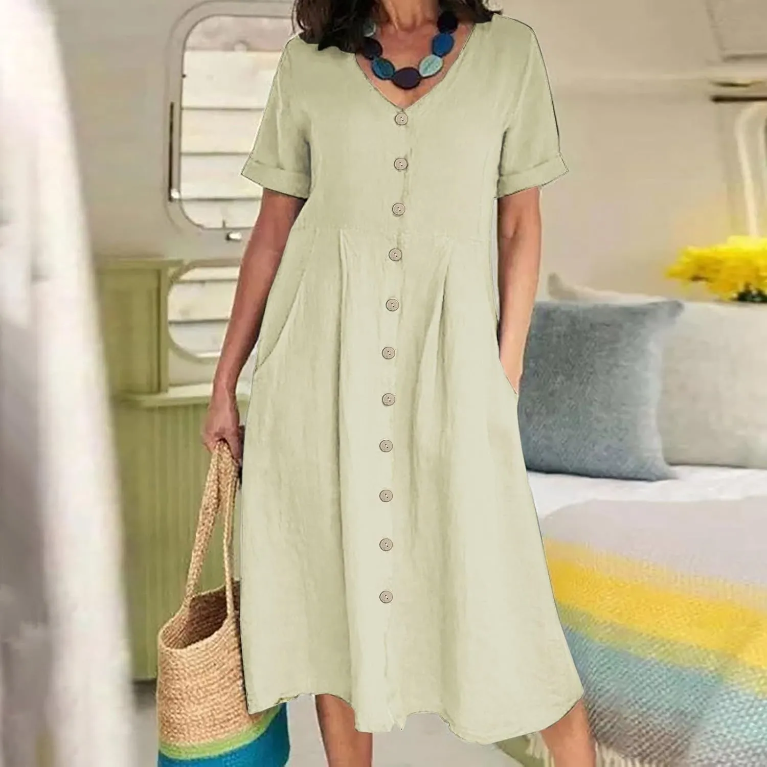 Women's Summer Dresses 2025 Casual Loose Trendy Short Sleeve V-Neck Solid Color Button Linen Dress Plus Size, S-5XL