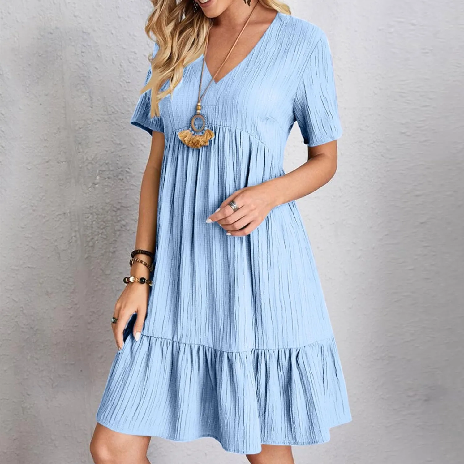 Womens Summer Dresses Sleeveless V Neck Casual Swing Flowy Tiered Ruffle A Line Mini Dress Beach Sundress 2025