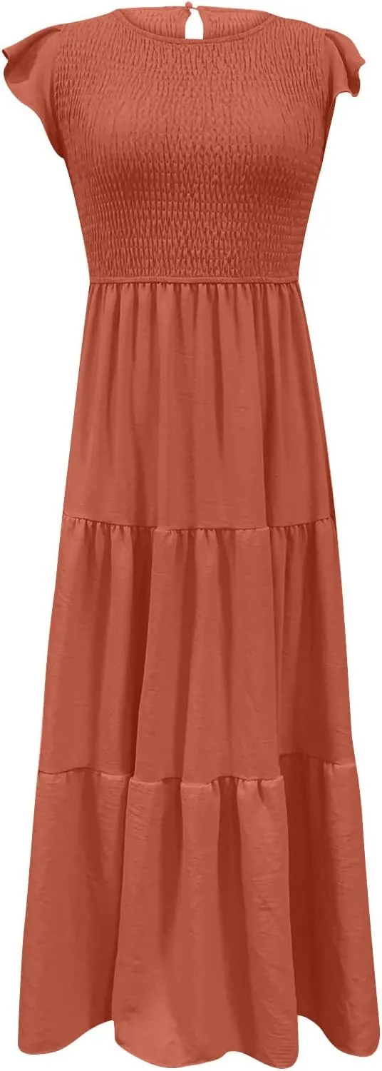 Womens Summer Flutter Short Sleeve Smocked Midi Dress Crewneck Aline Swing Flowy Tiered Maxi Dress Casual Elegant Dress
