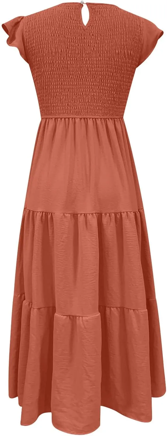 Womens Summer Flutter Short Sleeve Smocked Midi Dress Crewneck Aline Swing Flowy Tiered Maxi Dress Casual Elegant Dress