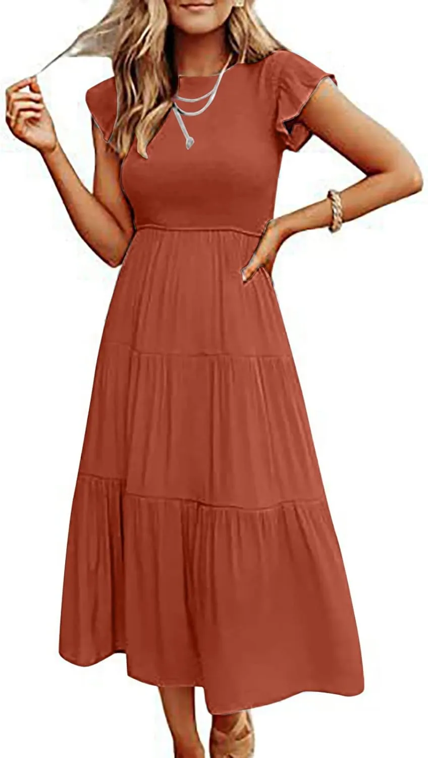 Womens Summer Flutter Short Sleeve Smocked Midi Dress Crewneck Aline Swing Flowy Tiered Maxi Dress Casual Elegant Dress