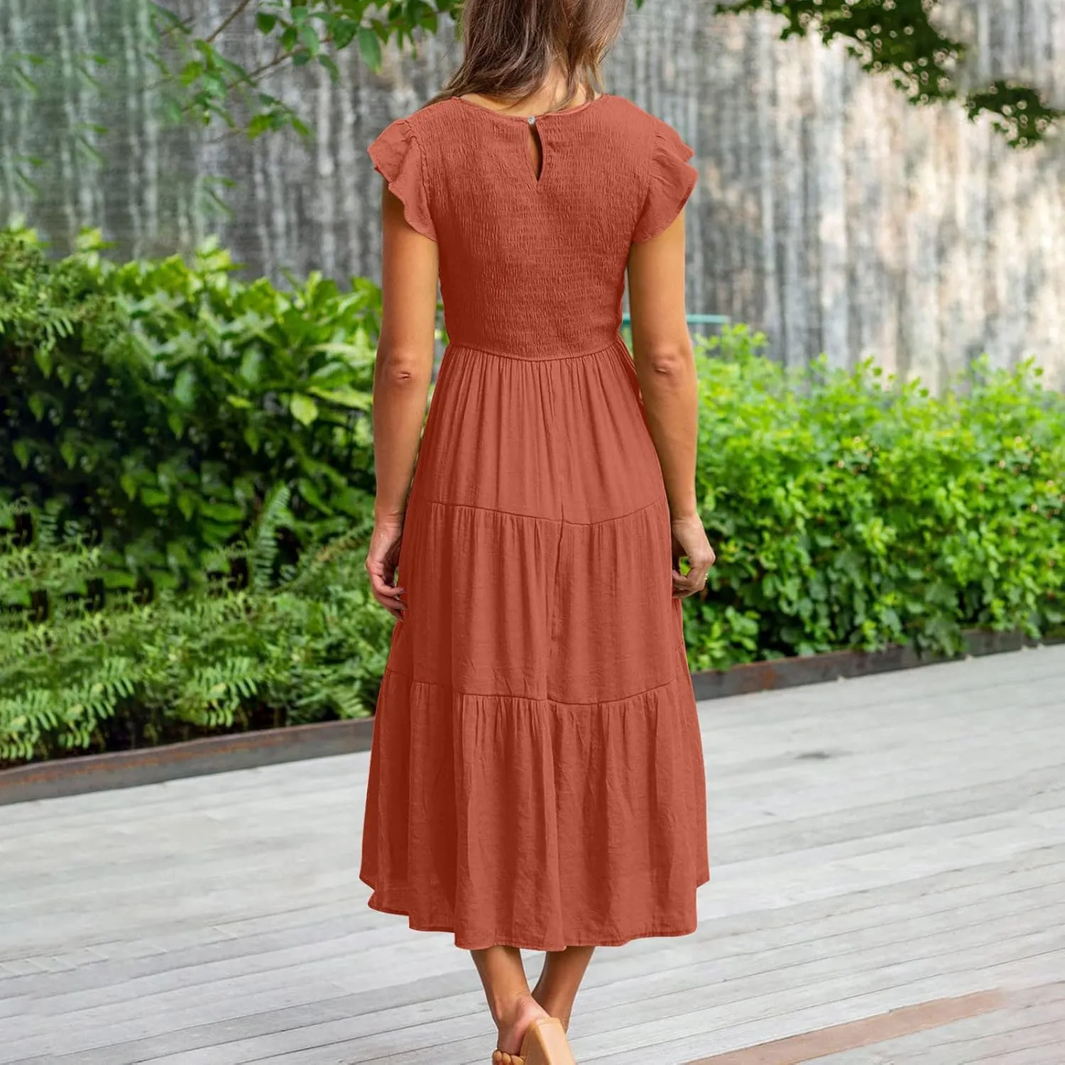 Womens Summer Flutter Short Sleeve Smocked Midi Dress Crewneck Aline Swing Flowy Tiered Maxi Dress Casual Elegant Dress