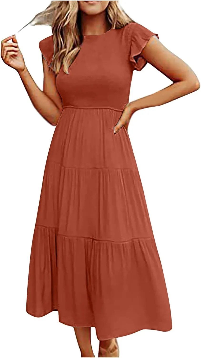 Womens Summer Flutter Short Sleeve Smocked Midi Dress Crewneck Aline Swing Flowy Tiered Maxi Dress Casual Elegant Dress