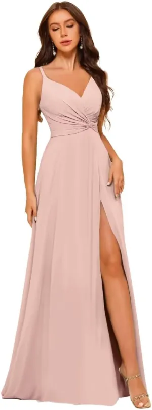 Women's V-Neck Chiffon Bridesmaid Dresses Long A Line Spaghetti Strap Ruched Formal Evening Gown with Slit