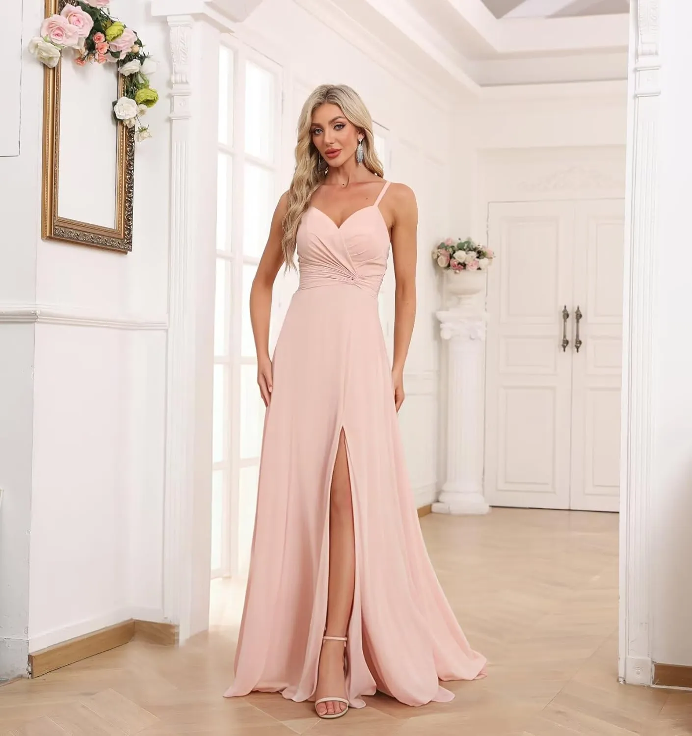 Women's V-Neck Chiffon Bridesmaid Dresses Long A Line Spaghetti Strap Ruched Formal Evening Gown with Slit