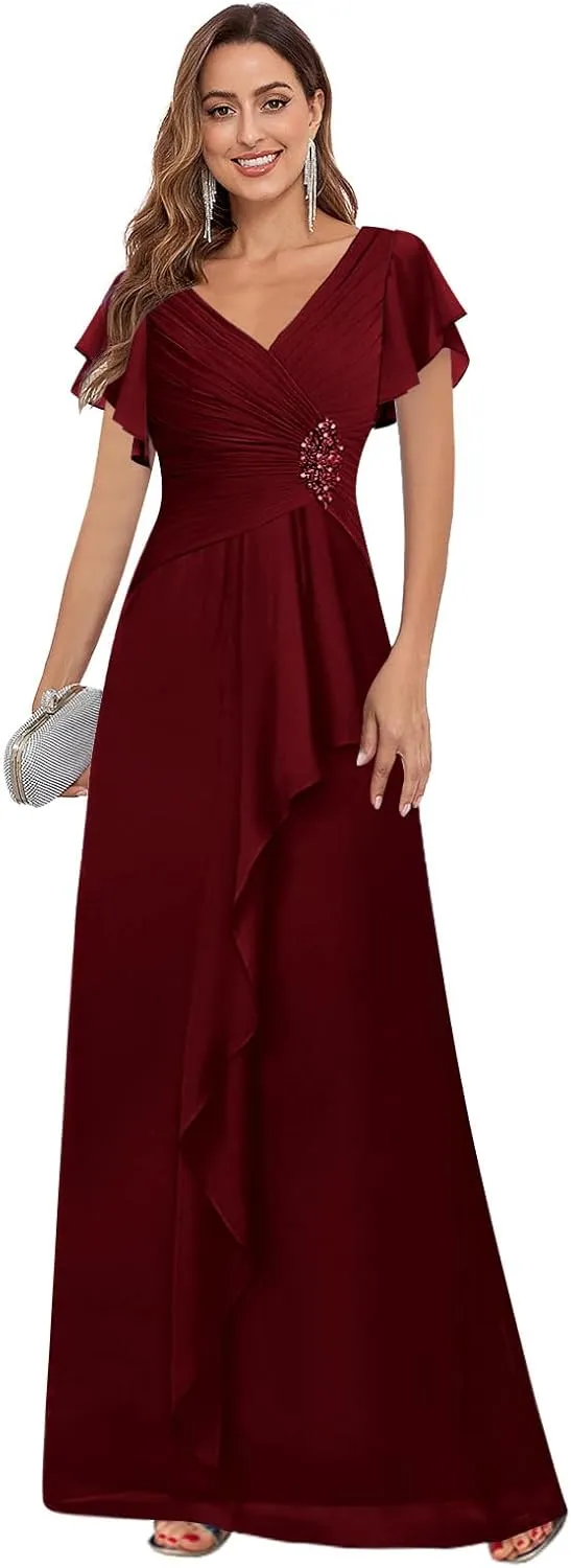 Women's V Neck Chiffon Mother of The Bride Dresses for Wedding Short Sleeve A-line Pleated Long Formal Dress