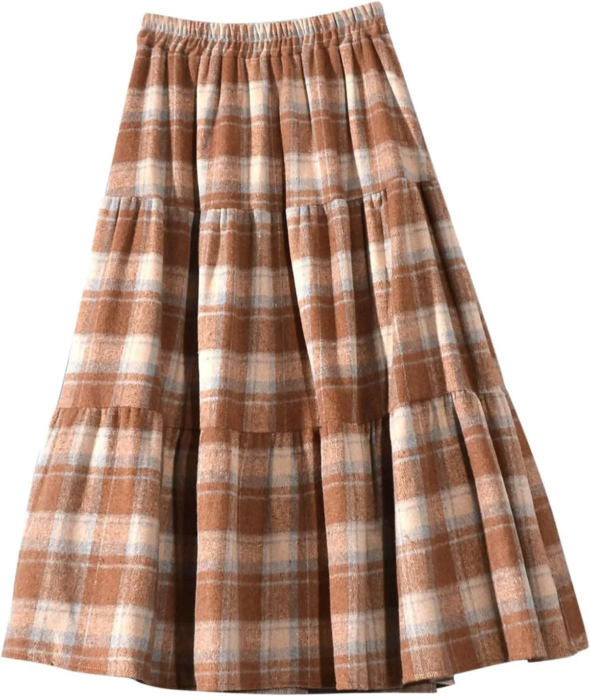 Women's Woolen Midi Skirts Vintage Plaid Elastic High Waist Pleated A-line Tartan Skirt Knee Length Pencil Skirt