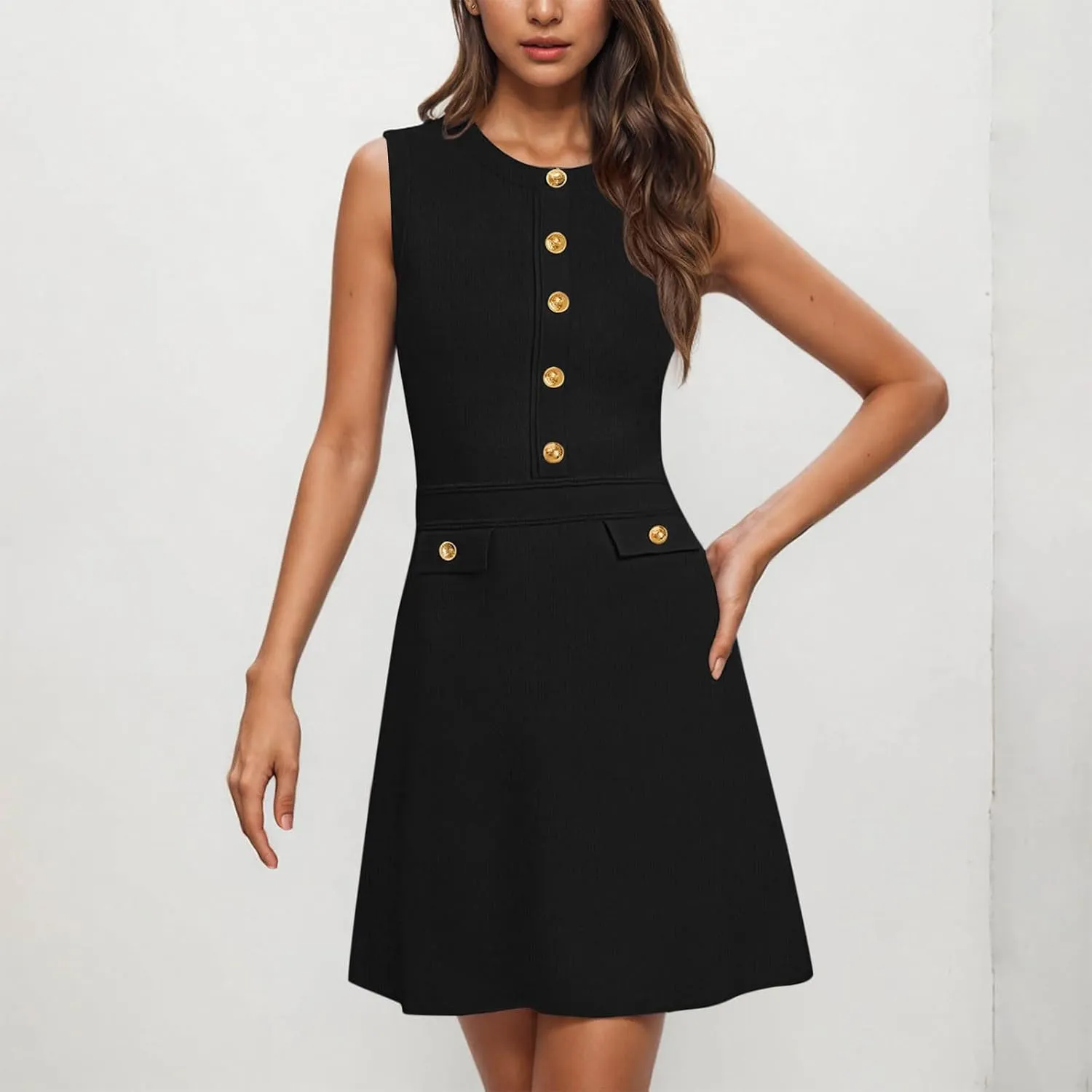 yardsong Summer Work Dresses for Women 2025 Business Casual Metal Buttons Decor Mini Dress Sleeveless Office Dresses